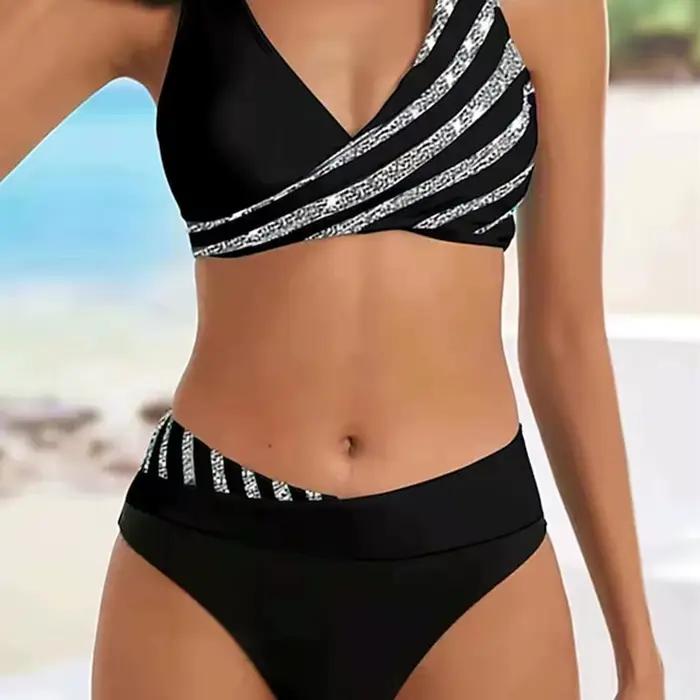 Nouvel ensemble bikini col en V 2026 pour femme, maillot de bain patchwork à rayures, tenue de plage