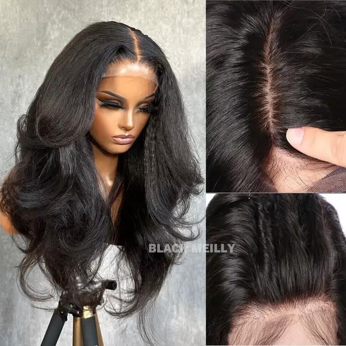 Perruque Full Lace Wig Yaki brésilienne ondulée, cheveux naturels, pre-plucked, pour femmes