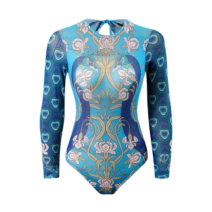 Maillot de bain une pièce à manches longues transparent UPF50 2026 pour femmes, bleu, protection sol