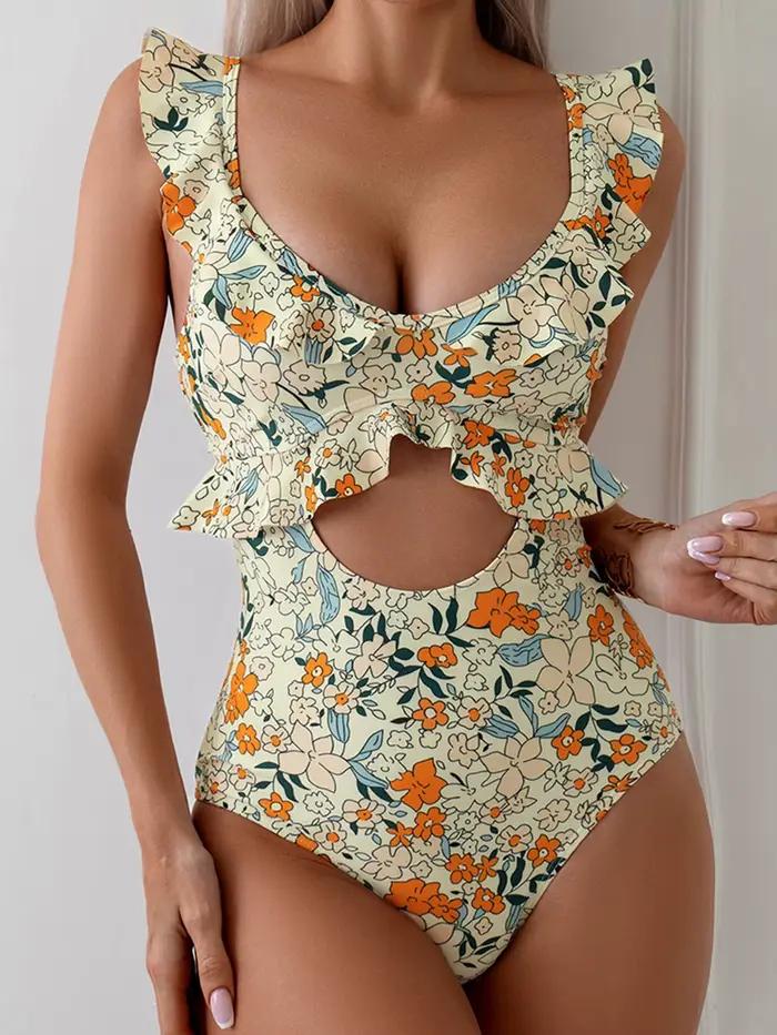 Maillot de bain une pièce imprimé Floral, à volants, découpé, Monokini, pour femmes, vêtements de pl