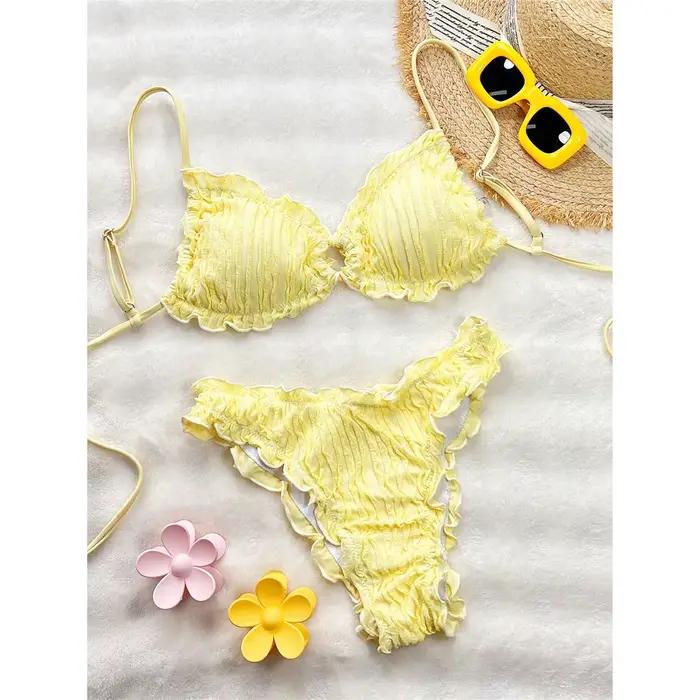 Maillot de bain bikini froissé à volants pour femme, ensemble deux pièces, style brésilien, V8053