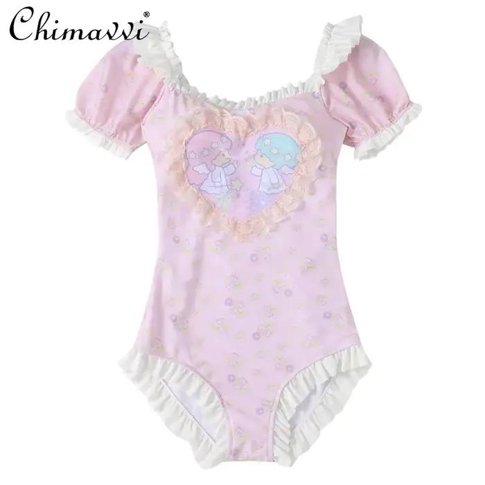 Maillot de bain japonais une pièce pour femmes, tenue sexy, manches bouffantes, imprimé dessin animé