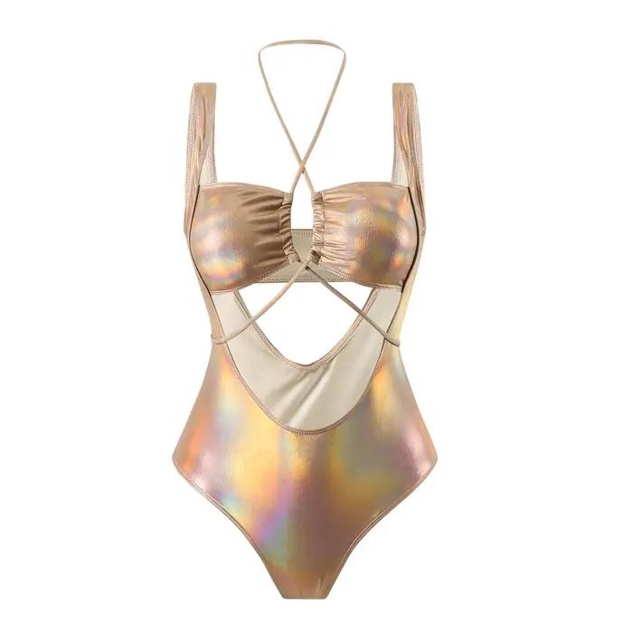 Maillot de bain une pièce à paillettes métalliques, sexy, licou, amissié, cravate, bikini, body, oly