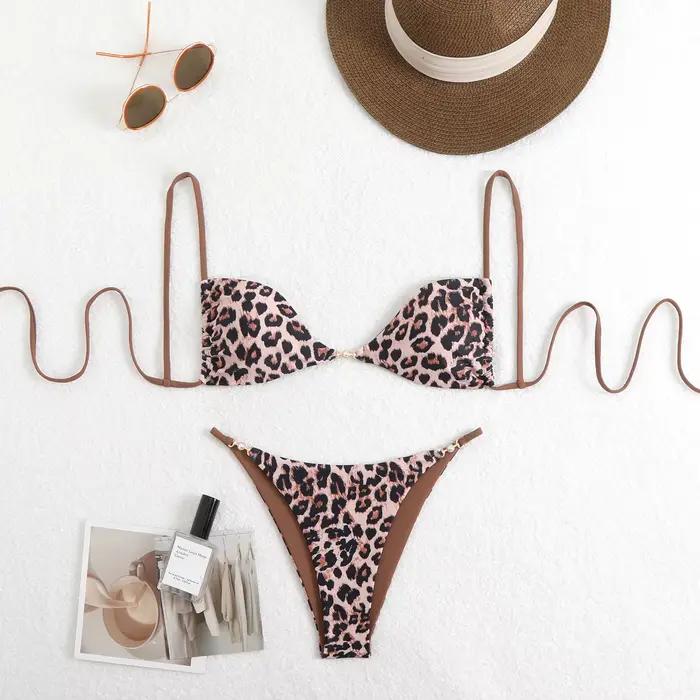 Maillot de bain imprimé léopard pour femmes, micro bikini brésilien, mini, push-up, vêtement de plag