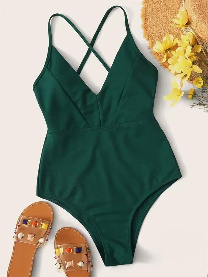 Maillot de bain une pièce pour femmes, vert, col en V, écharpe, Sexy, Monokini, dos nu, vêtements de