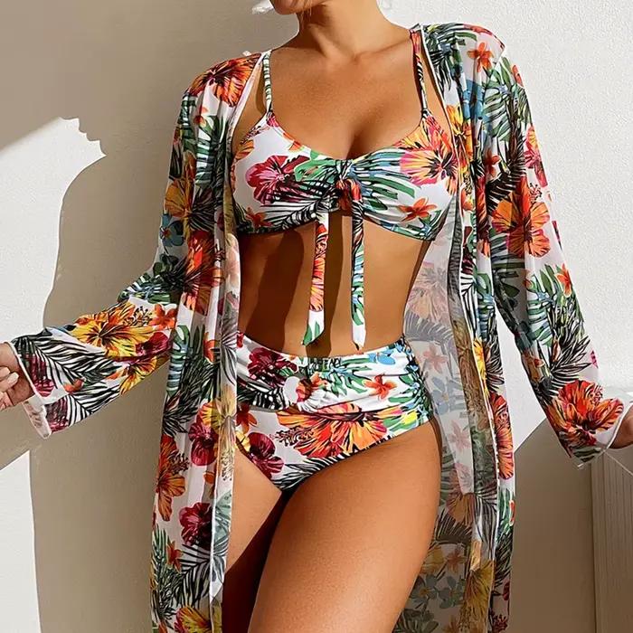 Maillot de bain 3 pièces imprimé Floral, Sexy, taille haute, ensemble deux pièces pour femmes, avec 
