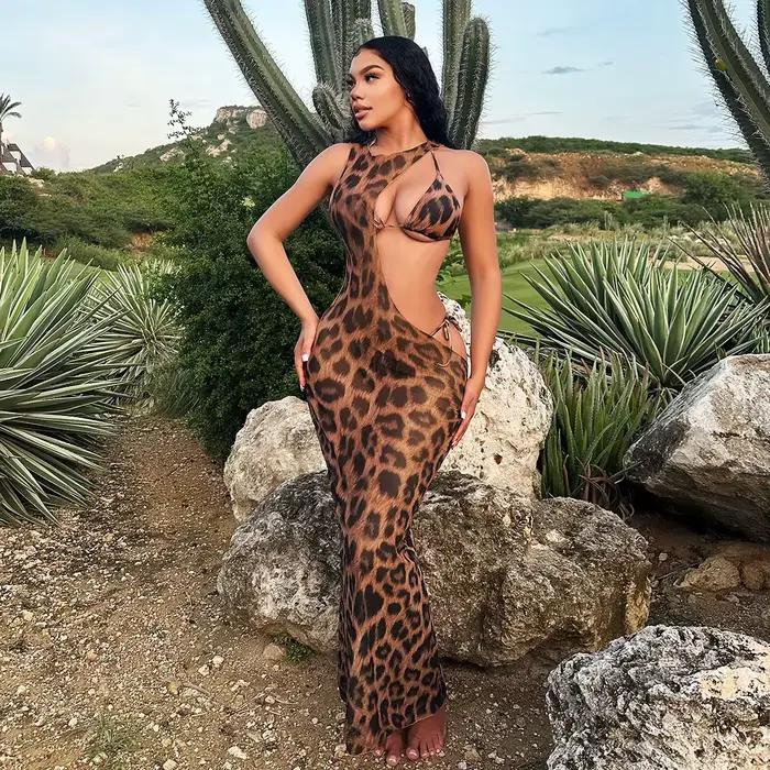 CM.YAYA Women Beach Bikini Set with Cutout Leopard Printed Sexy Long Bodycon Swimsuit Three 2 Piece 
