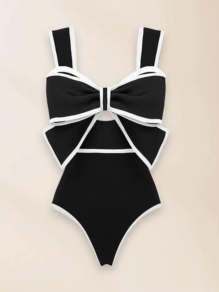 Maillot de bain une pièce en mousseline de soie à pois pour femmes, nœud papillon, jupe de plage, ba