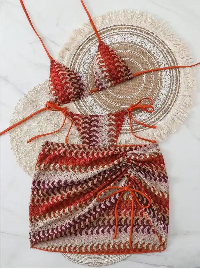 2026 Ensemble de bikini bohème sexy pour femme, maillot de bain imprimé trois pièces avec paréo et t