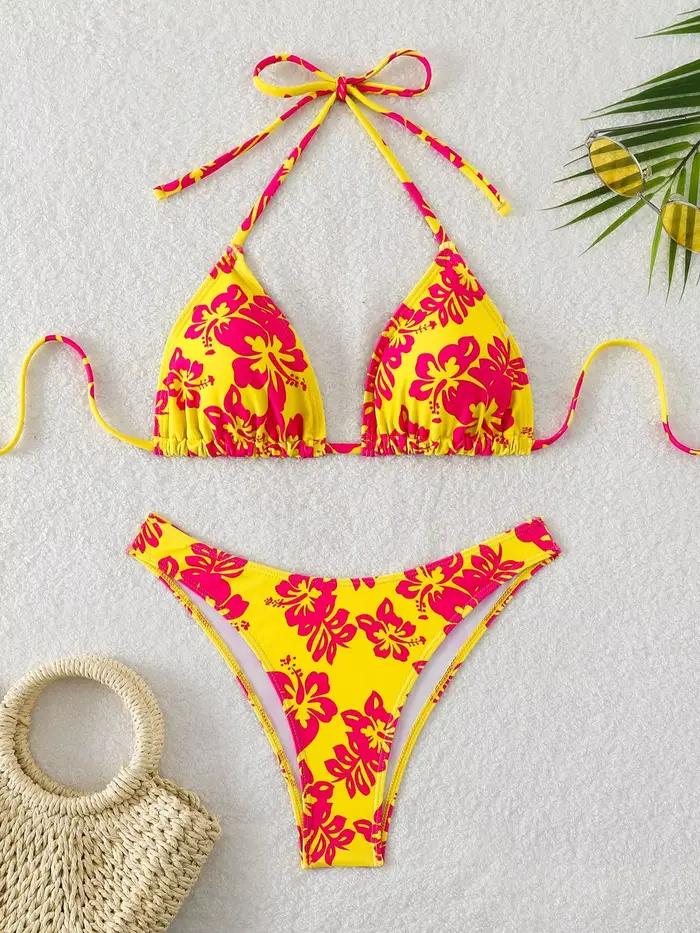 Maillot de bain 2 pièces imprimé floral rétro, bikini à lacets, sexy, taille haute, pour femmes, été