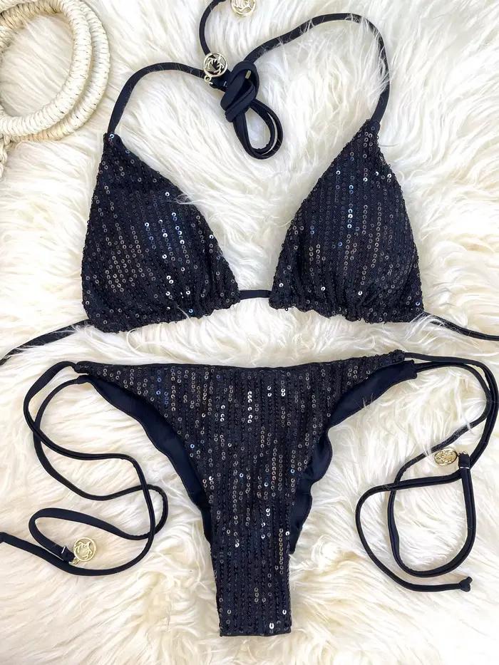Melphieer Lady's Sparkle 2 pièces Bikini ensemble été Style paillettes Bikinis femmes 2025 plage pis