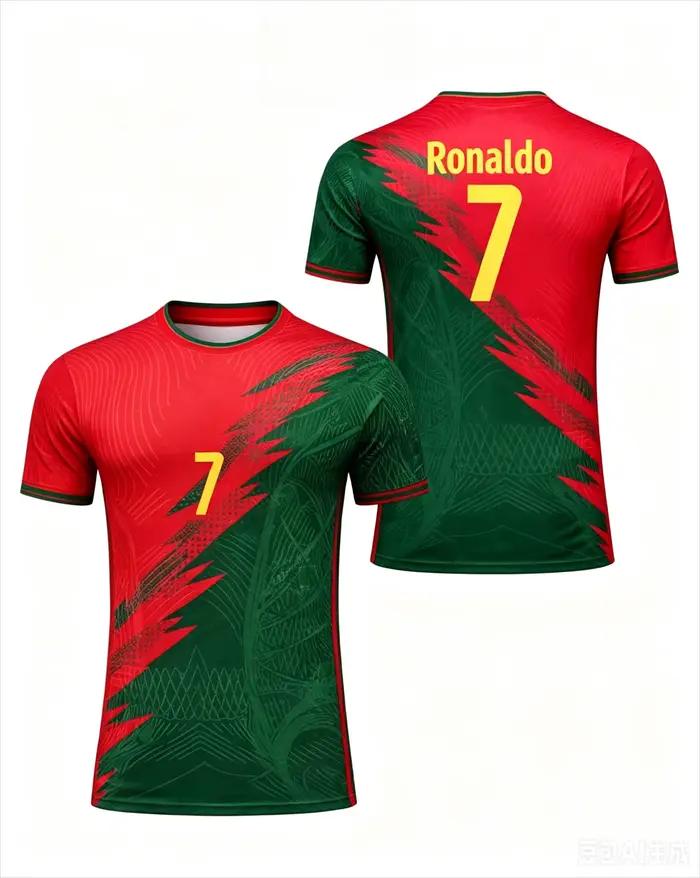 Maillot de football Portugal Ronaldo 7 Rouge Vert Imprimé à Motifs Irréguliers Manches Courtes Respi