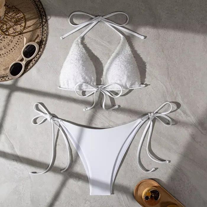 Maillot de bain blanc sexy pour femmes, ensemble deux pièces, réglable, bandage, col licou, livraiso
