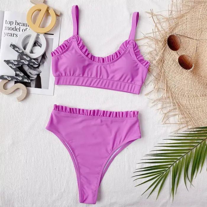 Bikini 2026 Maillot de bain sexy pour femme, ensemble bikini taille haute à volants uni, maillot de 