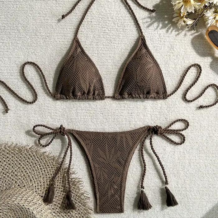 Ensemble bikini tressé couleur unie pour femme, maillot de bain de plage brésilien pour les vacances