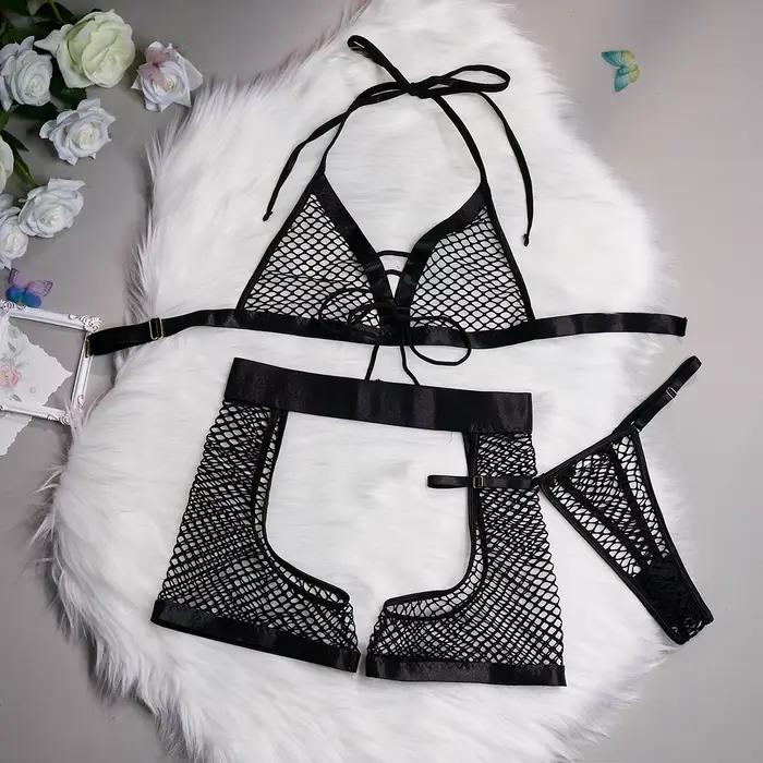 Bikini trois pièces en maille transparente pour femme, lingerie sexy et douce, à la mode