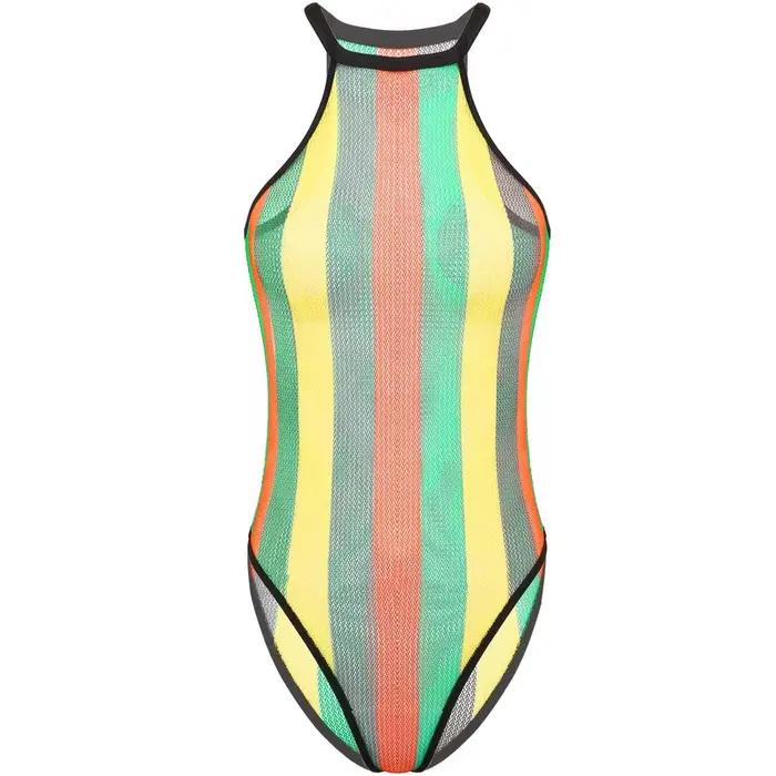Maillot de bain en résille à rayures arc-en-ciel, emballage écologique