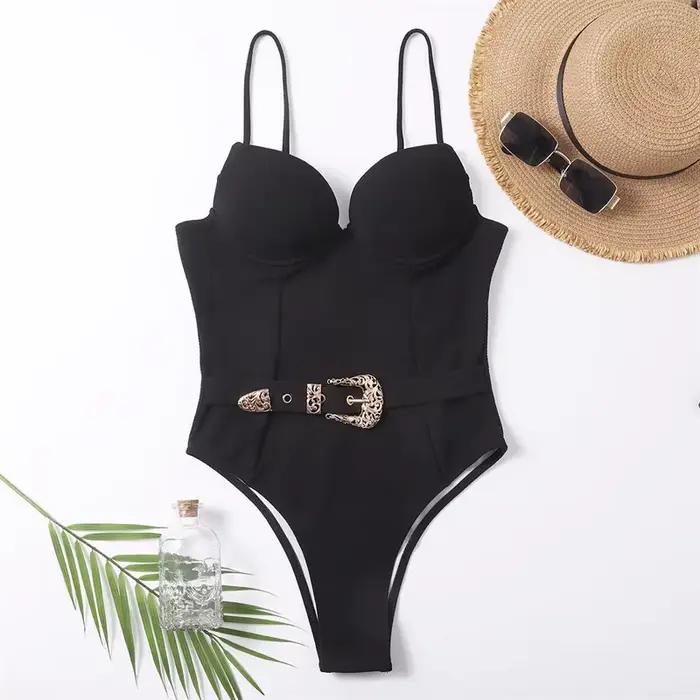 Sexy Underwire maillot de bain une pièce femmes Push Up solide blanc noir rembourré boucle maillots 