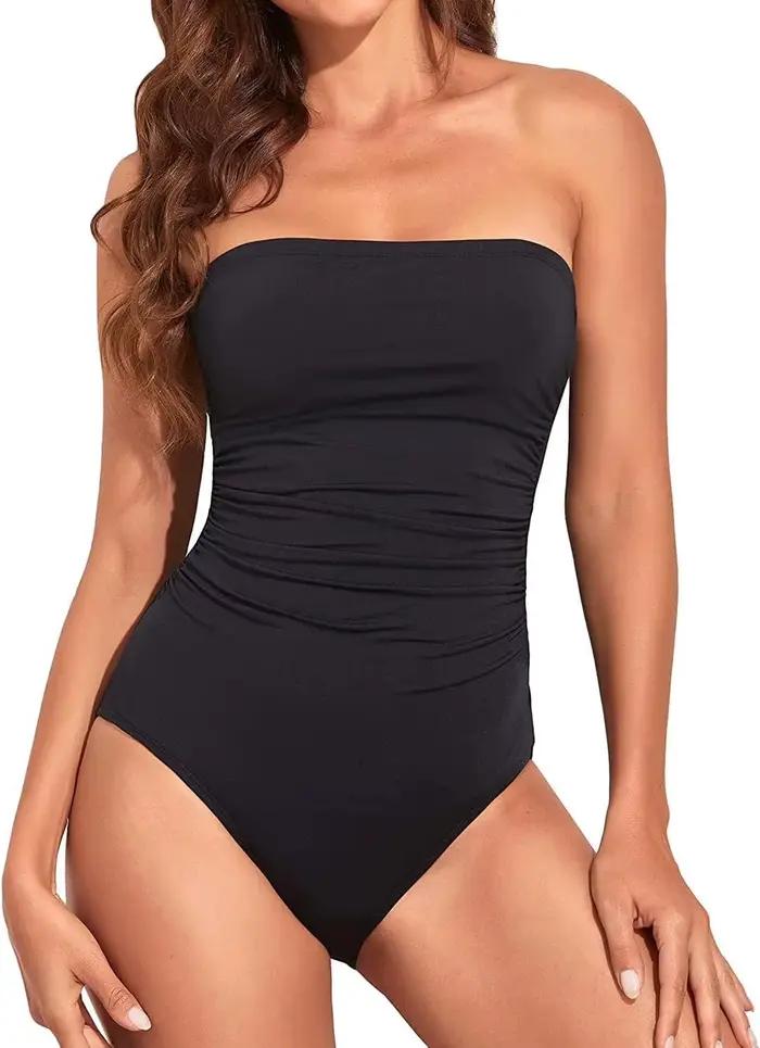 Sexy Bandeau une pièce maillot de bain 2025 femmes noir plissé minceur ventre contrôle maillots de b