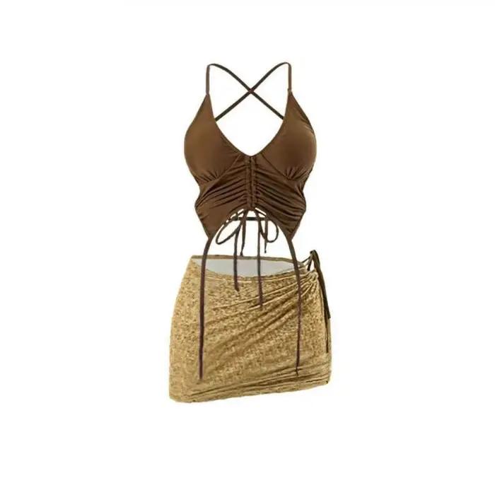 Maillot de bain style halter couleur café, ensemble bikini à lacets, mini style amincissant, dos nu 