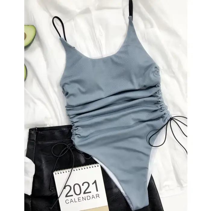Maillot de bain une pièce uni pour femmes, avec cordon de serrage, dos nu, côtelé, vêtements de spor