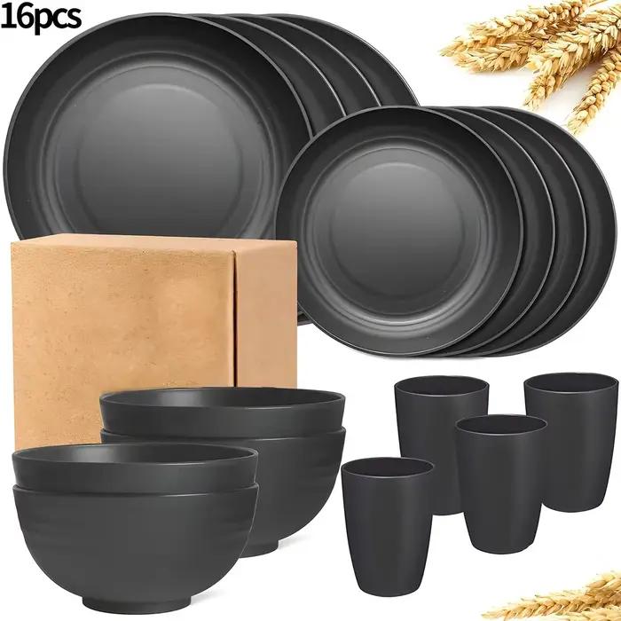 Ensemble de vaisselle 16 pièces, assiettes, bols, tasses incluses pour la maison, Camping familial, 