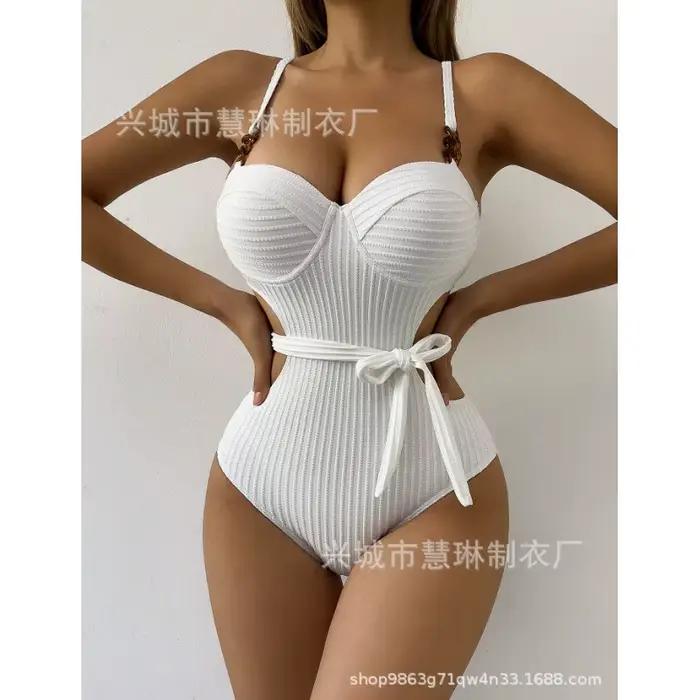 Maillot de bain une pièce blanc, Sexy, couleur unie, motif ondulé, à la mode, ceinture de taille fro
