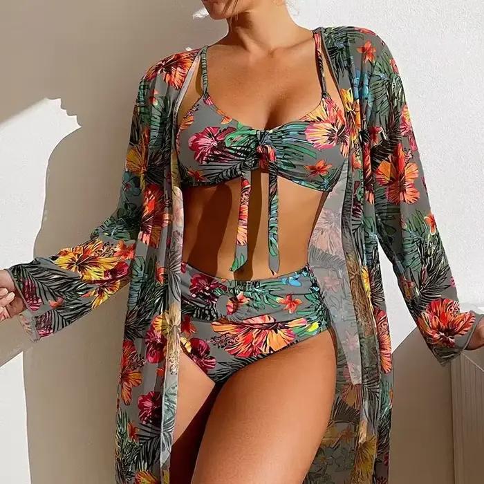 Taille S-3XL Bikini trois pièces imprimé fleuri maillot de bain femmes Bikini ensemble avec maille à