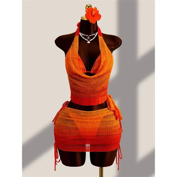 Ensemble de bikini quatre pièces avec jupe de plage, maillot de bain dégradé à col halter pour femme
