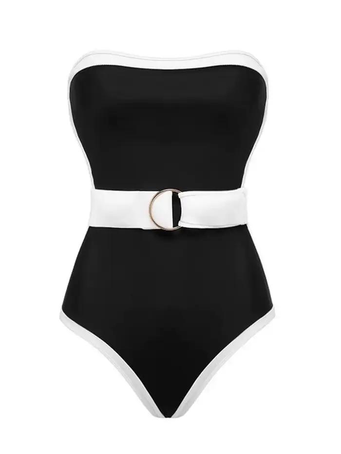 Maillot de bain une pièce, couleur contrastée, noir et blanc, épaules dénudées, Monokini, pour femme