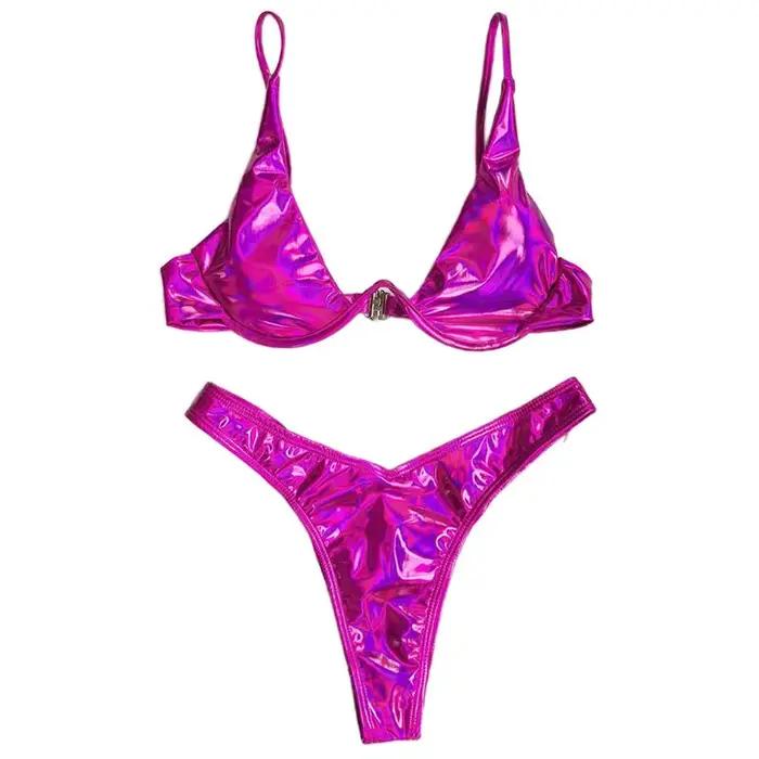 Maillot de bain brésilien Triangle à armatures pour femmes, ensemble deux pièces, brillant, holograp