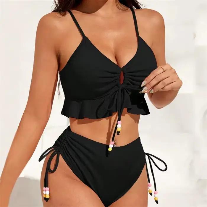 Maillot de bain bikini séparé pour femme, couleur unie, avec volants et bordure en dentelle, nouveau