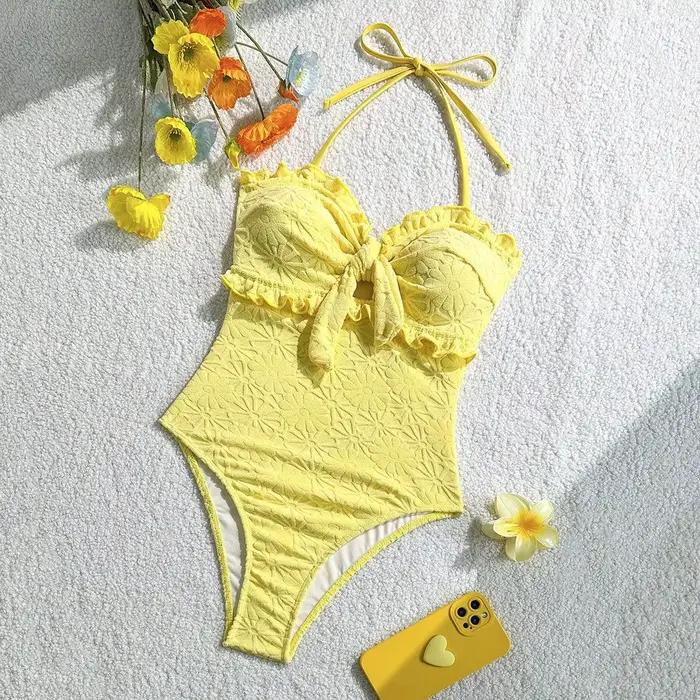 Vintage Front Bow One Pice maillot de bain 2026 femmes Sexy jaune volants Push Up Slim Fit ventre co