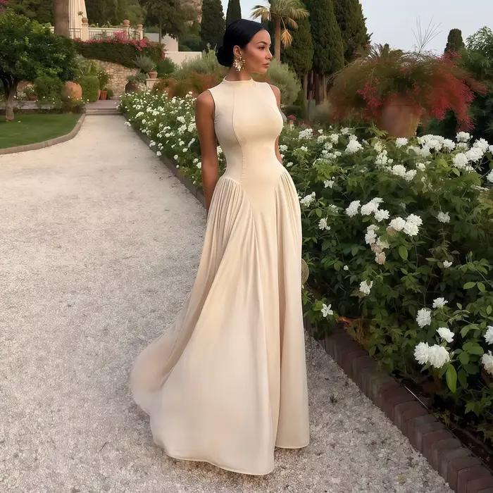 Robe de soirée Sharon Said Dubai beige à col montant, sans manches, plissée, coupe trapèze, pour cér