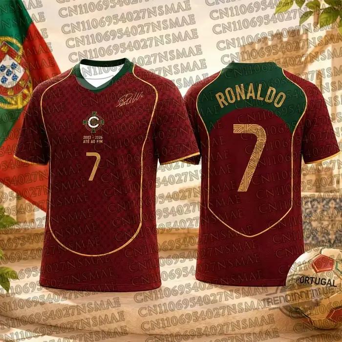Maillot de football du Portugal Rouge Jacquard Bordure Dorée Emblème Avant Numéro 7 Dos Inscription 