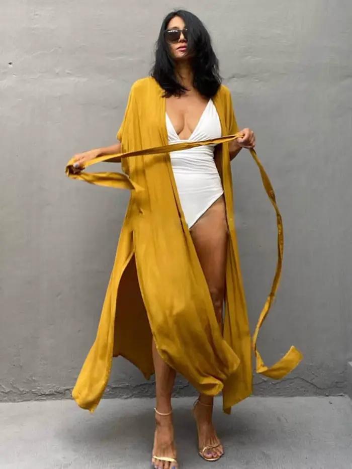 Maillot de bain Couvrir Ups pour Les Femmes Plage Cap Tunique Kimono D'été Ceinturée Split Bodycon P
