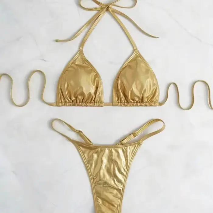 Sexy métallique or paillettes licou Bikinis ensembles deux pièces femmes string pansement maillot de