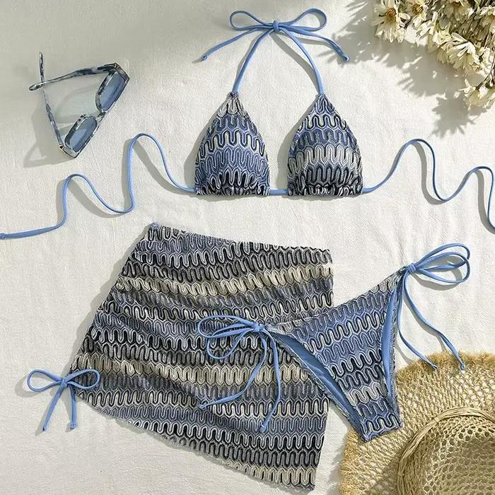 Maillot de bain sexy pour femme 2026 – Bikini dégradé bleu avec jupe portefeuille, ensemble trois pi
