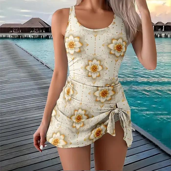 Maillot de bain une pièce à bretelles, imprimé Floral géométrique, contrôle du ventre, pour femmes, 