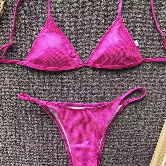 Maillot de bain sexy pour femme 2026 – Ensemble bikini rose scintillant taille basse avec string et 