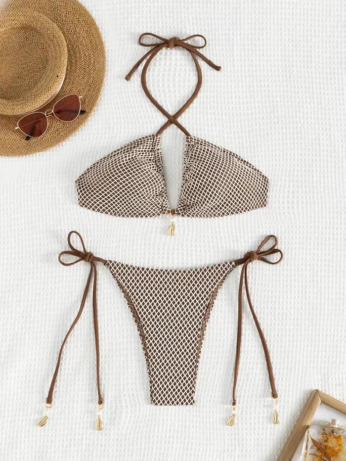 Maillot de bain 2 pièces à lacets pour femmes, bikini sexy à grille, dos nu, string, vêtements de pl
