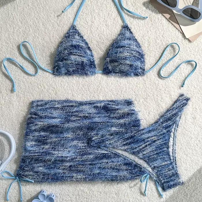 Maillot de bain 3 pièces à bretelles et découpes pour femme avec jupe, ensemble bikini dos nu, tenue