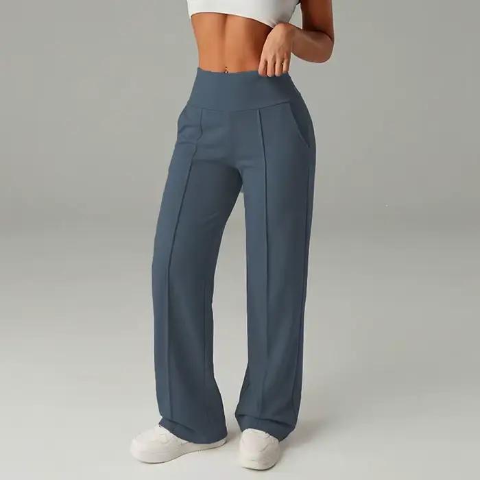Pantalon large taille haute pour femme, coupe droite décontractée, couleur unie, confortable pour l'