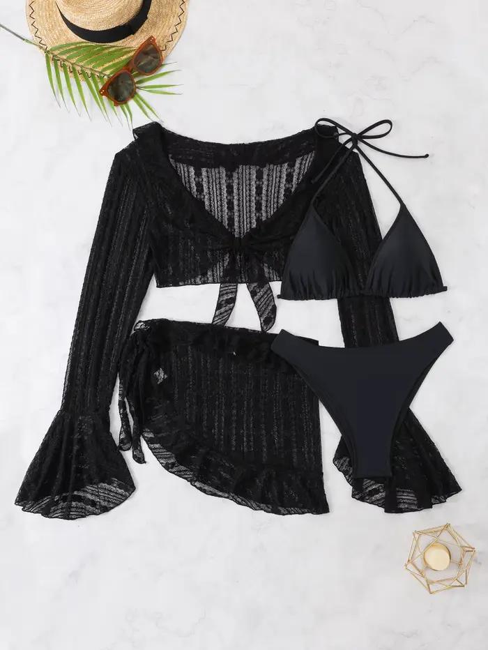 Maillot de bain à manches longues avec jupe pour femme, cover-up string, ensemble de bikinis, vêteme