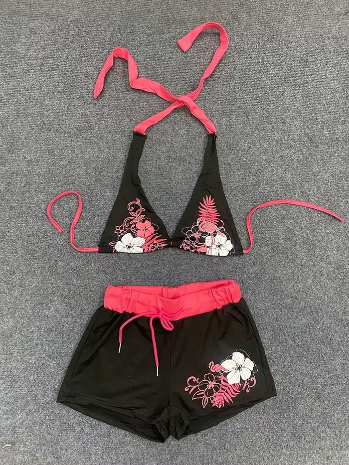 Été plage Ins mode chaude Sexy dames fendu deux pièces Bikini beau Vintage contraste fleur imprimé s