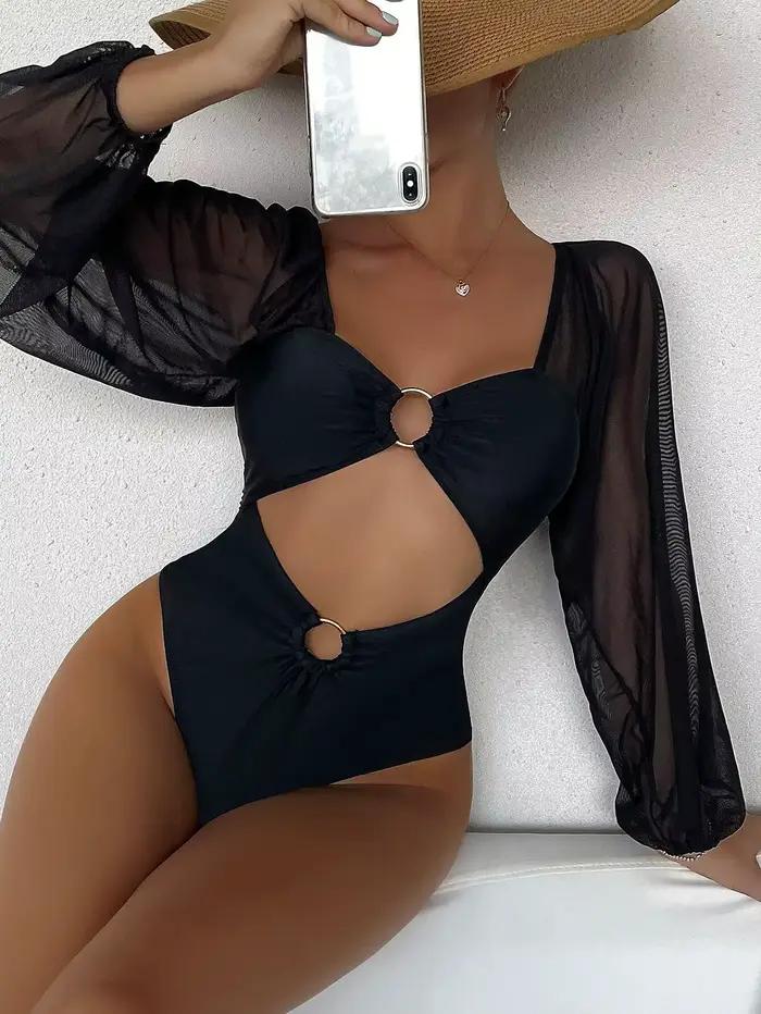 Maillot de bain noir 2026, une pièce, uni, manches longues, maillot de bain pour femmes, maillot de 