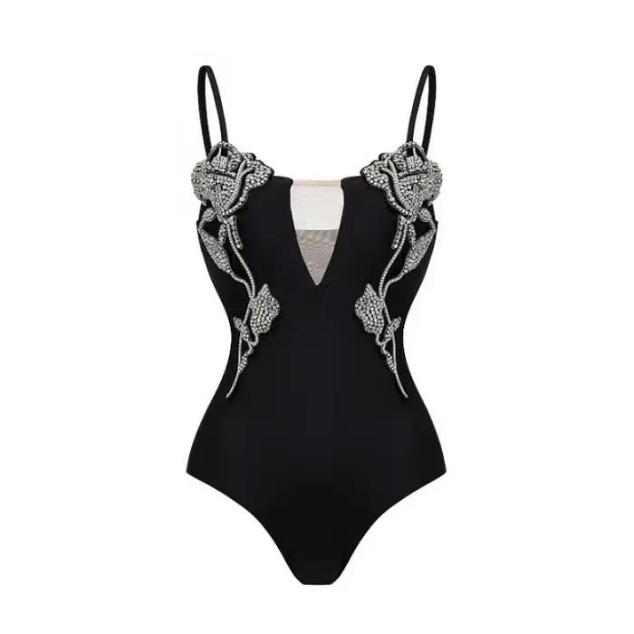 Maillot de bain une pièce sexy à motif floral et jupe, maillot de bain noir pour femme, tenue de pla