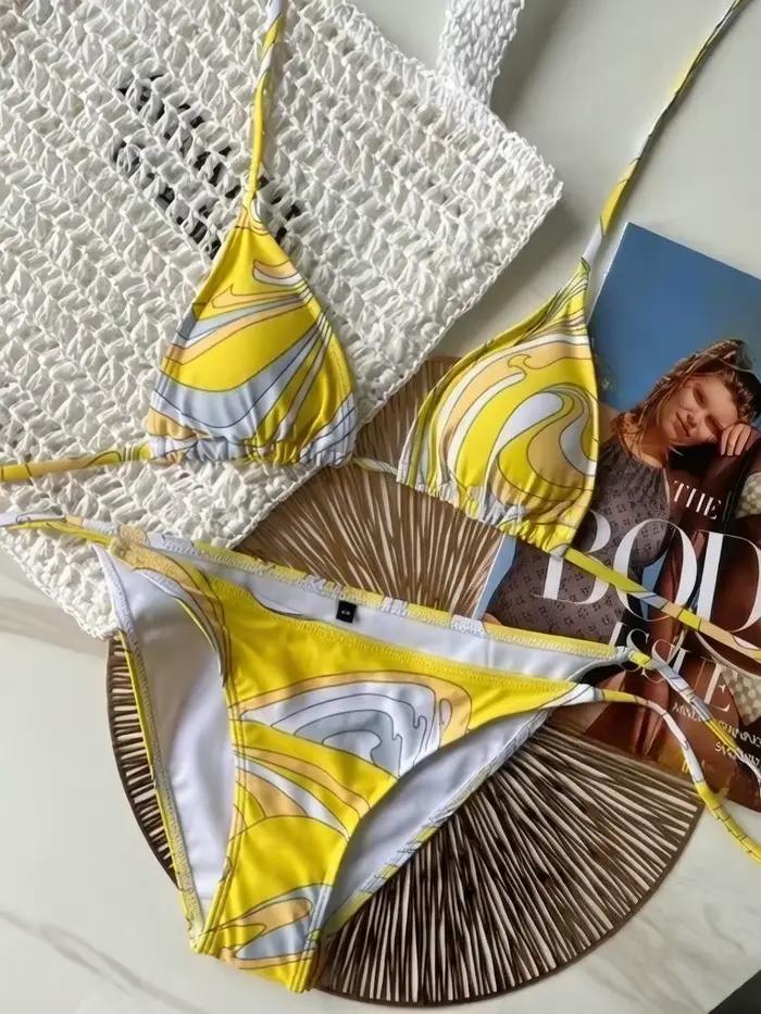 Ensembles de bikinis jaunes de luxe pour femmes 2026 avec logo signature lettre, robes en maille de 