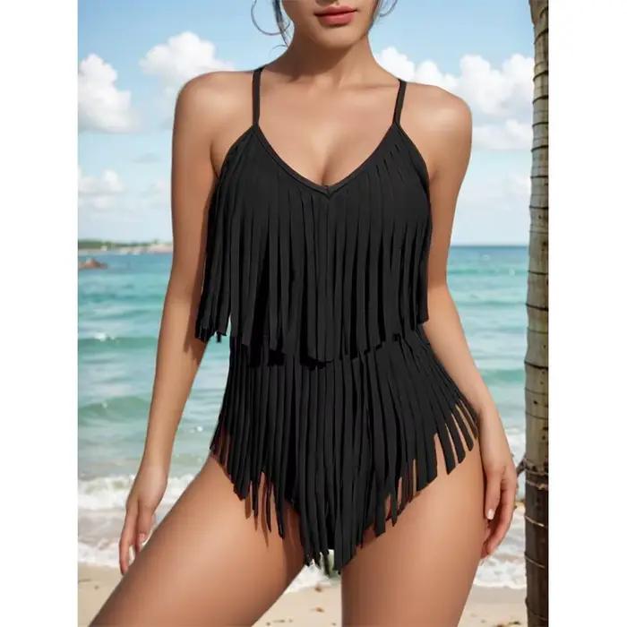 Maillot de bain une pièce couleur unie sexy à col en V, coupe ajustée, dos nu et design à franges