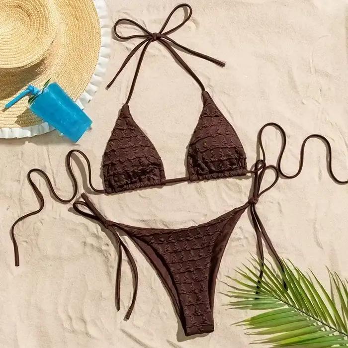 Femmes solide marron Micro Bikini ensemble String licou Triangle String Sexy froissé maillot de bain